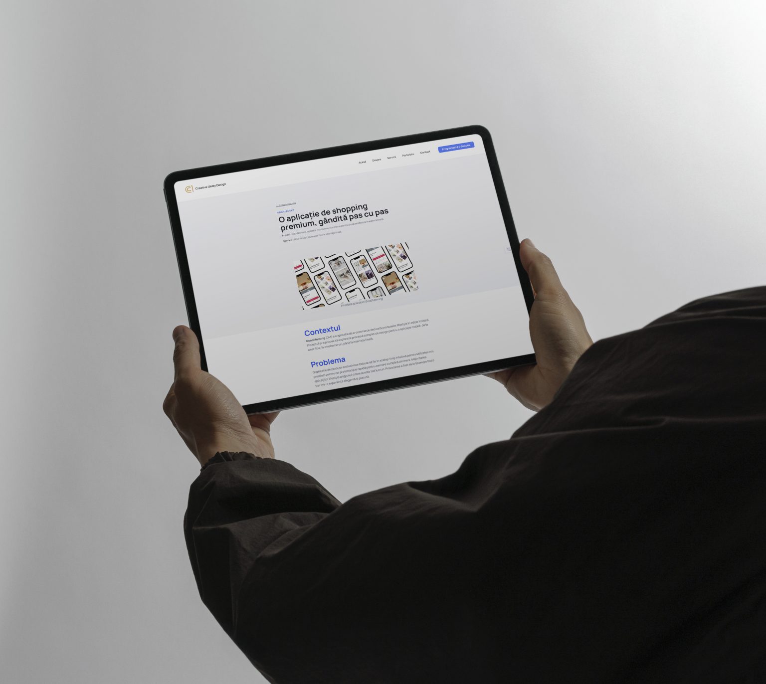 Website Creative Unity Design C1 afisat pe tableta iPad, mockup responsive