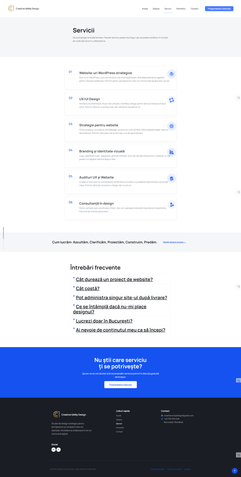 Captura de ecran a paginii de servicii Creative Unity Design
